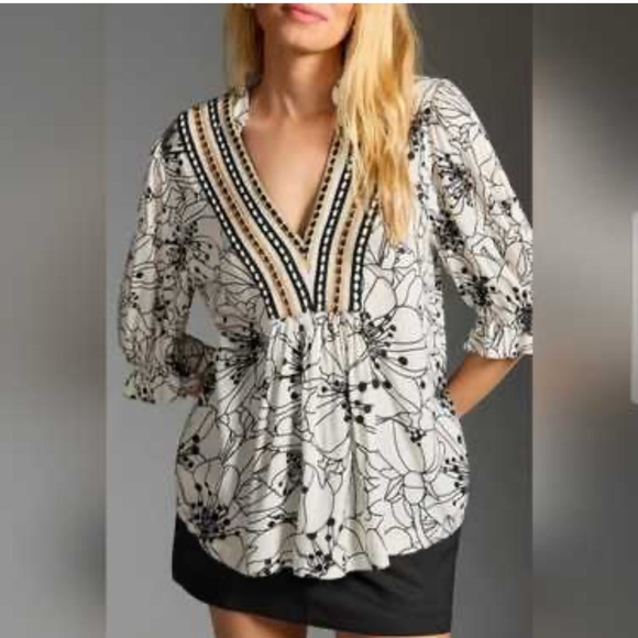 Anthropologie Blank London Black White Floral Embellished Top Blouse S EUC - Picture 1 of 7